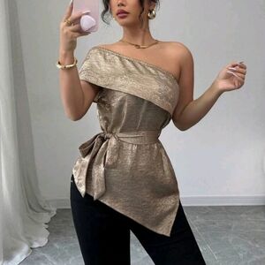 Women's Spring/Summer Fashion Hot-Stamped Oblique Collar Cold Shoulder